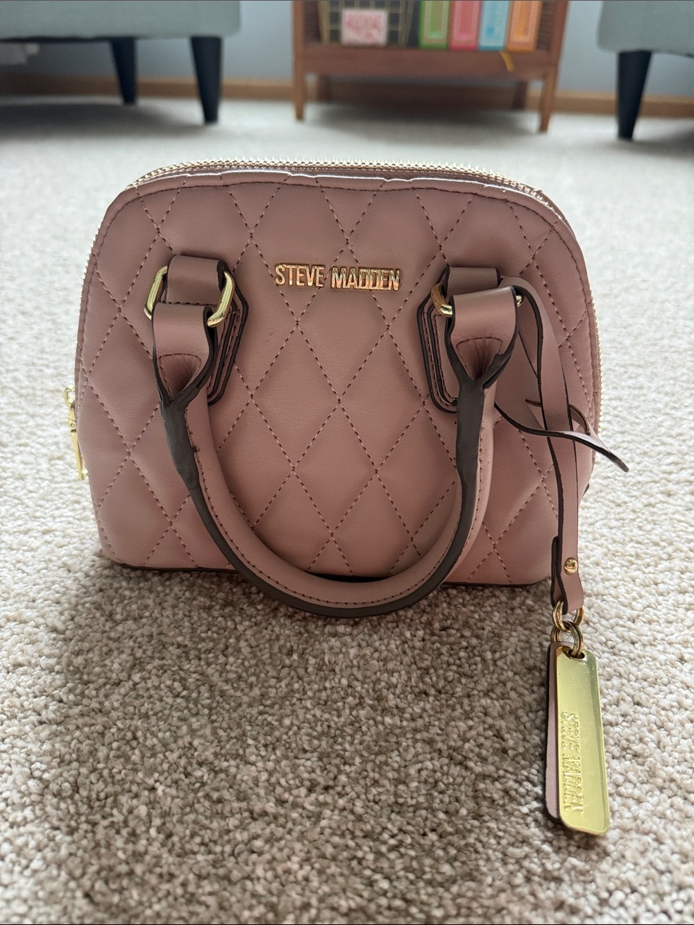 Steve Madden Quilted Mini Satchel in Dusty Pink with Gold Hardware